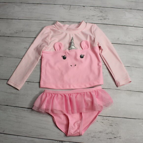 Carter's Baby Girl Rashguard Swimsuit Set Size 9 Months Pink Unicorn 2 Pc - Picture 1 of 6